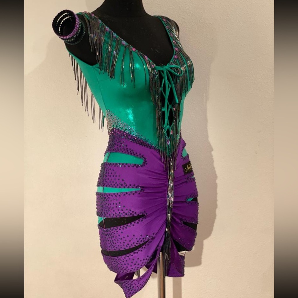 Elegant Green and Purple Latin dance competition dress